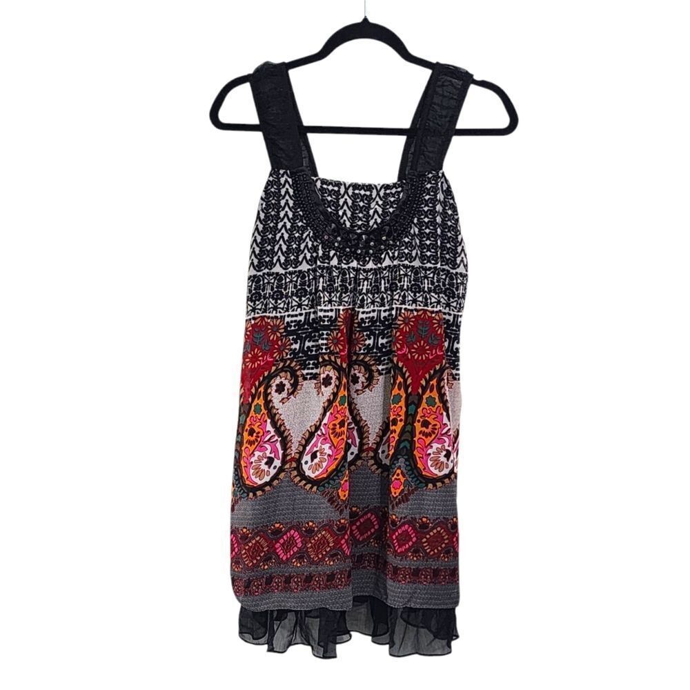 Zashi Mini Dress M Multicolor floral Paisley Layered Sheer Beaded Neck